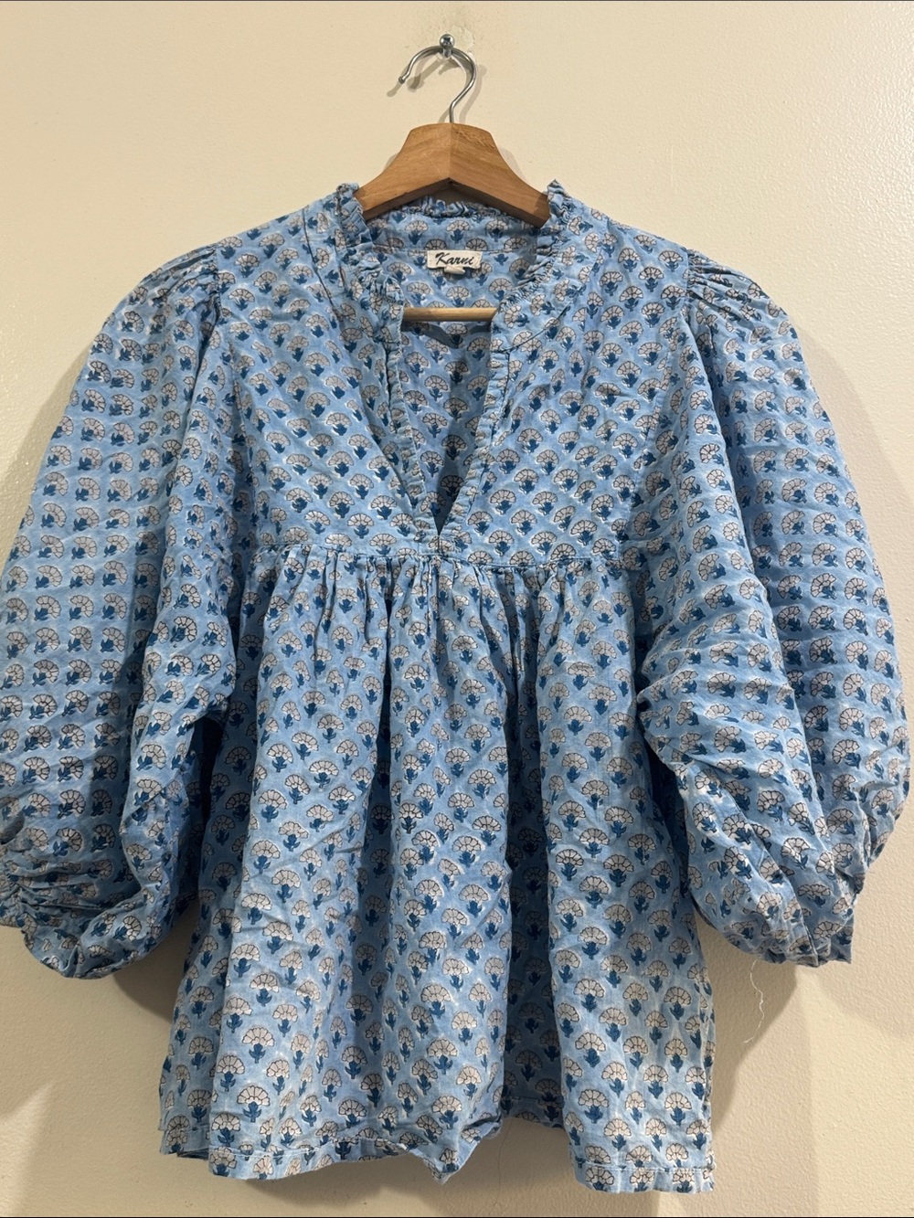KARNI Sky Blue Floral Peasant Blouse with Puff Sleeves